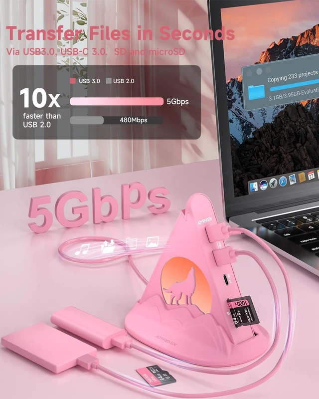 Alt view image 4 of 7 - Pink Wolf 8-in-1 USB-C Hub with Base-Stand, 4K HDMI, PD 100W, 5Gbps USB-C, 3 USB-A Ports, SD/TF Card Slots + Pink FlyingV 4-Port USB-A 3.0 Hub for PC, iMac, MacBook, Mac mini