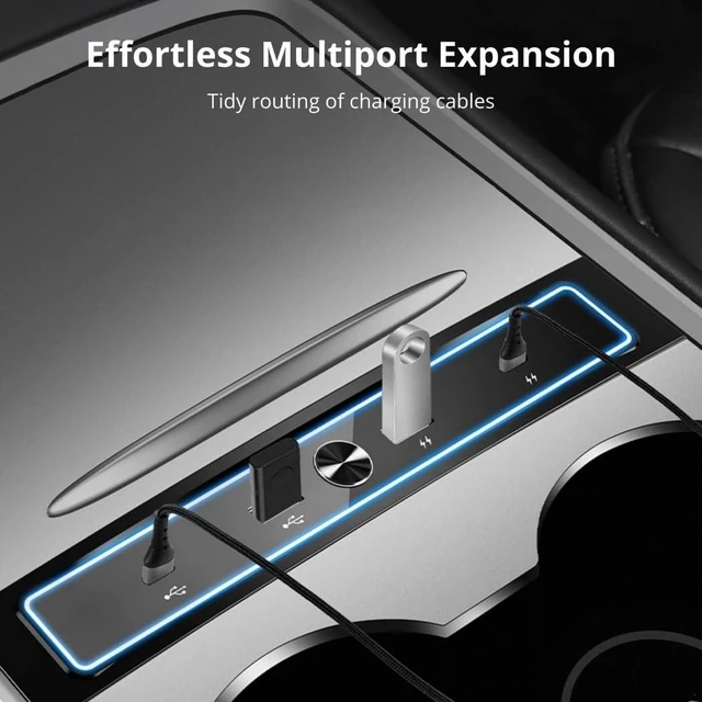 Alt view image 4 of 7 - 4-Port USB Hub for Model 3/Y (2021-2023), Led-Backlit Docking Station, Center Console Adapter for Charging and Data