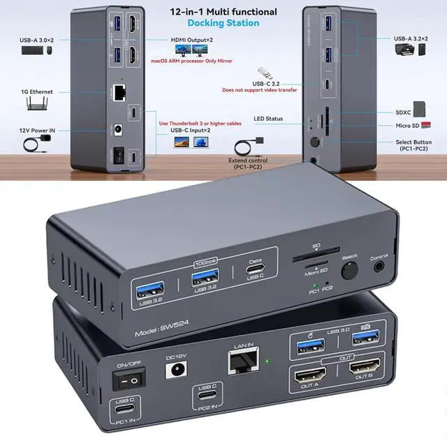 Alt view image 2 of 7 - USB C KVM Docking Station with 4K60hz HDR10 Display USB 3.2 10Gbps Data Transfer Gigabit Ethernet for Multiple Devices