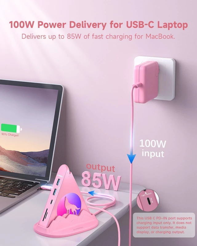 Alt view image 3 of 7 - Pink Wolf 8-in-1 USB-C Hub with Base-Stand, 4K HDMI, PD 100W, 5Gbps USB-C, 3 USB-A Ports, SD/TF Card Slots + Pink FlyingV 4-Port USB-A 3.0 Hub for PC, iMac, MacBook, Mac mini