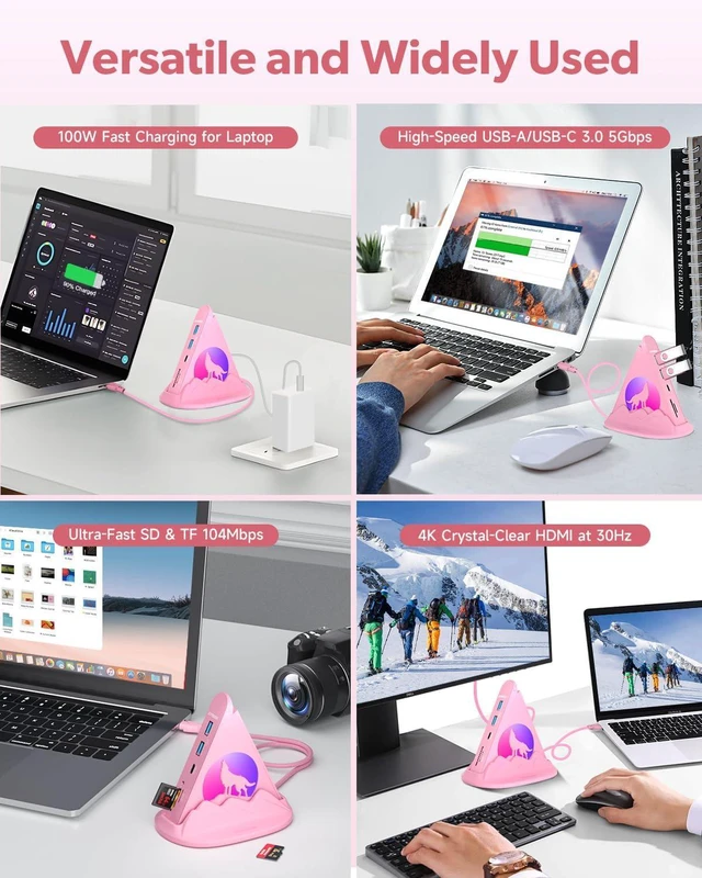 Alt view image 7 of 7 - Pink 8 Port USB C HDMI Hub with Base-Stand & Hot Pink 4-Port USB A 3.0 Hub Bundle RGB Hub for Gaming, for iMac, Mac mini, MacBook, PS5