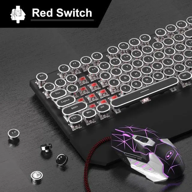 Alt view image 2 of 7 - Retro Typewriter Keyboard and Mouse Combo, Cute Black Keyboard with Linear Red Switches, Full Size Wired Mechanical Gaming Keyboard, Cool Light Up Keyboard and Mouse for Gaming,Work,Mac,PC,Windows