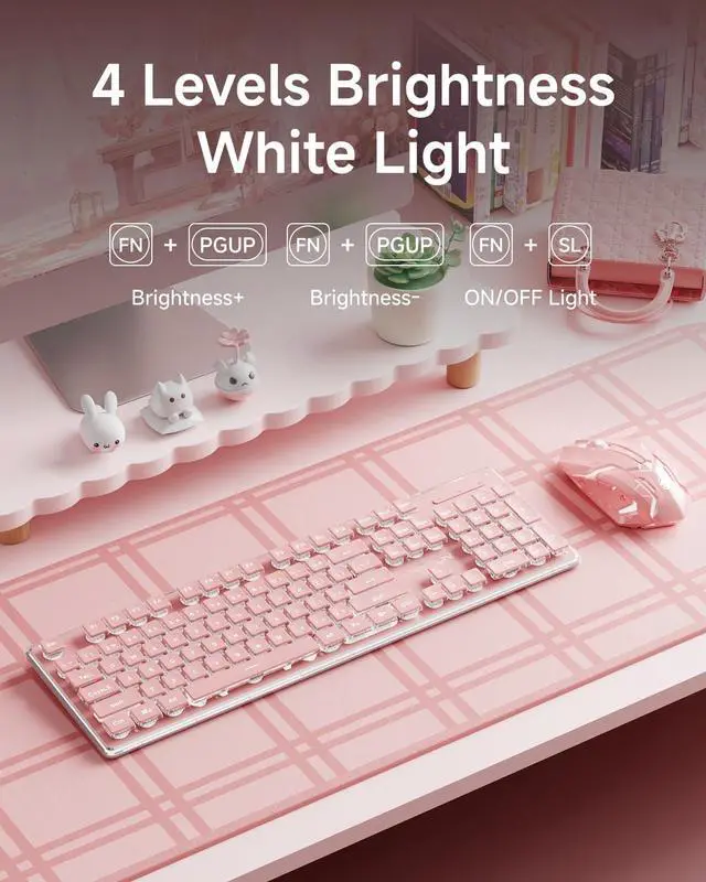 Alt view image 6 of 7 - V3 Wireless Keyboard and Mouse with Single Backlit, Metal Panel, Bluetooth/2.4G Rechargeable Computer Keyboard and Mouse Combo Silent Lighted Full Size Cute Keyboards-Pink