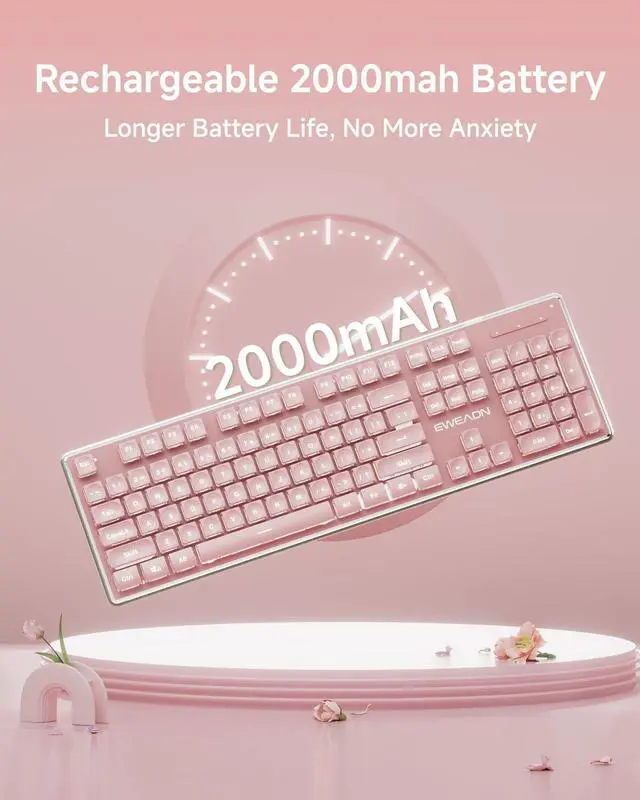 Alt view image 7 of 7 - V3 Wireless Keyboard and Mouse with Single Backlit, Metal Panel, Bluetooth/2.4G Rechargeable Computer Keyboard and Mouse Combo Silent Lighted Full Size Cute Keyboards-Pink