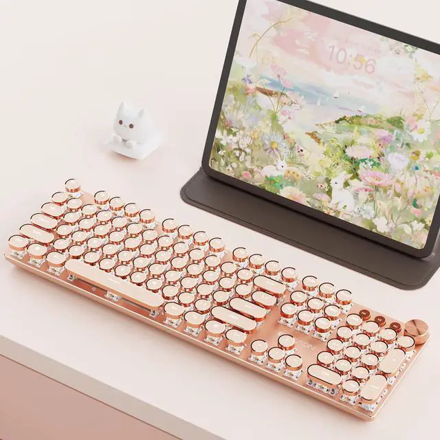 Main image of EWEADN V20 Typewriter Keyboard Wireless, 104 Keys Typewriter Style Mechanical with White Backlit, Media Knob, Pink Switch 2.4G/Bluetooth/USB-C Wired Retro Full Size Keyboard for Windows/Mac/PC-Pink