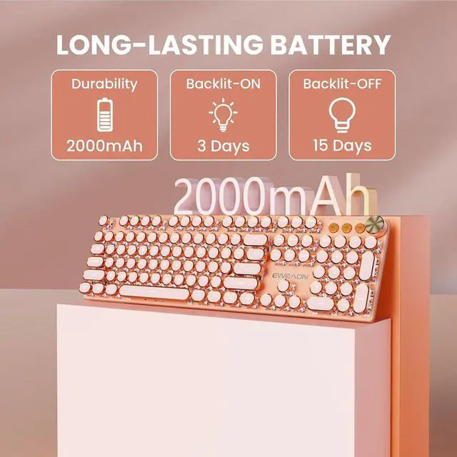 Alt view image 5 of 6 - EWEADN V20 Typewriter Keyboard Wireless, 104 Keys Typewriter Style Mechanical with White Backlit, Media Knob, Pink Switch 2.4G/Bluetooth/USB-C Wired Retro Full Size Keyboard for Windows/Mac/PC-Pink