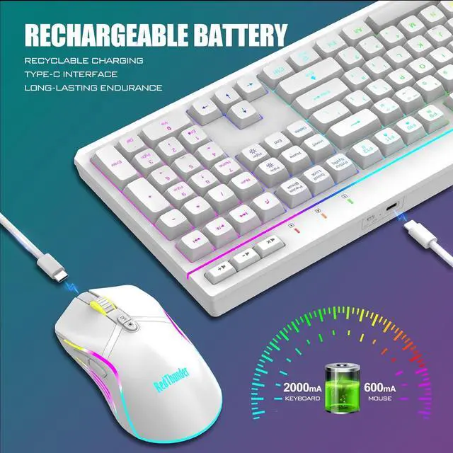 Alt view image 3 of 6 - RedThunder K20 Wireless Keyboard and Mouse Combo, Full Size Anti-Ghosting Keyboard with Multimedia Keys + 7D 4800DPI Optical Mice, Rechargeable RGB Gaming/Office Set for PC Laptop Mac Xbox (White)