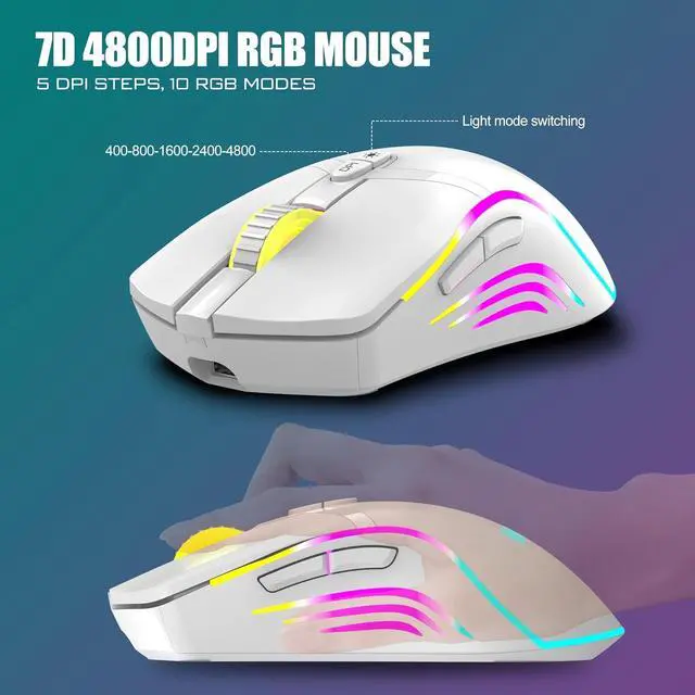 Alt view image 5 of 6 - RedThunder K20 Wireless Keyboard and Mouse Combo, Full Size Anti-Ghosting Keyboard with Multimedia Keys + 7D 4800DPI Optical Mice, Rechargeable RGB Gaming/Office Set for PC Laptop Mac Xbox (White)