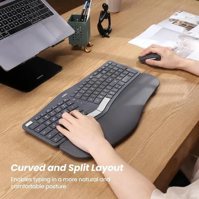 Alt view image 2 of 7 - Nulea KM75 Wireless Keyboard and Mouse Combo, Comfortable Natural Typing, Palm Rest, Multi-Device (Bluetooth, 2.4G, Wired), Rechargeable, for Multi-OS, Windows, Mac, Android