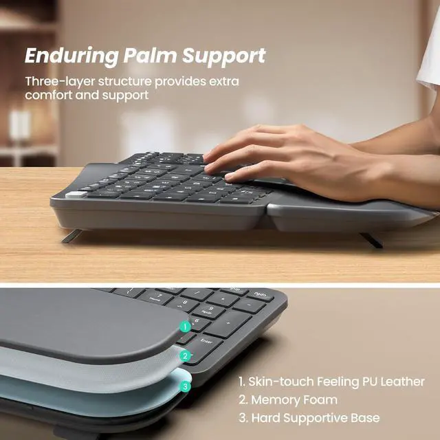 Alt view image 3 of 7 - Nulea KM75 Wireless Keyboard and Mouse Combo, Comfortable Natural Typing, Palm Rest, Multi-Device (Bluetooth, 2.4G, Wired), Rechargeable, for Multi-OS, Windows, Mac, Android