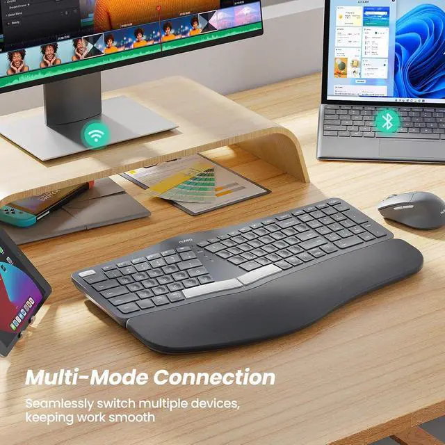 Alt view image 5 of 7 - Nulea KM75 Wireless Keyboard and Mouse Combo, Comfortable Natural Typing, Palm Rest, Multi-Device (Bluetooth, 2.4G, Wired), Rechargeable, for Multi-OS, Windows, Mac, Android