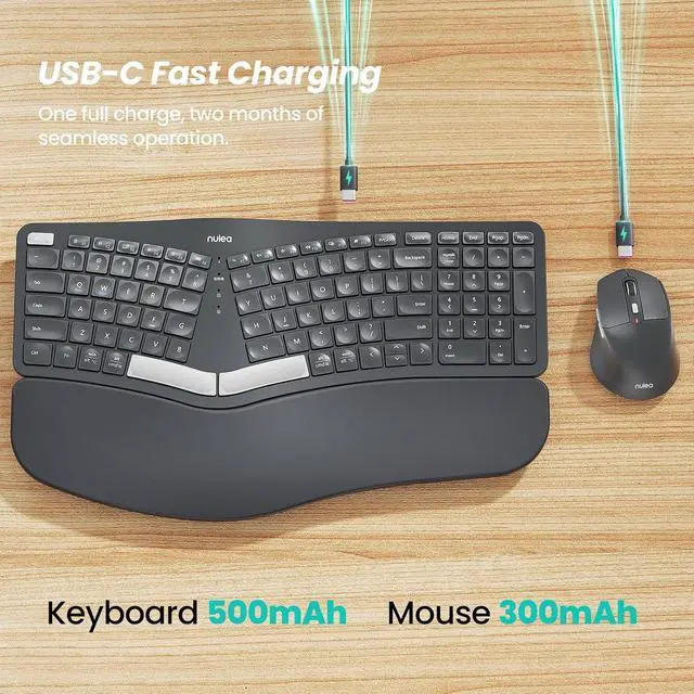 Alt view image 6 of 7 - Nulea KM75 Wireless Keyboard and Mouse Combo, Comfortable Natural Typing, Palm Rest, Multi-Device (Bluetooth, 2.4G, Wired), Rechargeable, for Multi-OS, Windows, Mac, Android