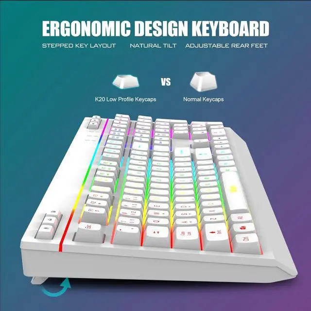 Alt view image 6 of 6 - RedThunder K20 Wireless Keyboard and Mouse Combo, Full Size Anti-Ghosting Keyboard with Multimedia Keys + 7D 4800DPI Optical Mice, Rechargeable RGB Gaming/Office Set for PC Laptop Mac Xbox (White)