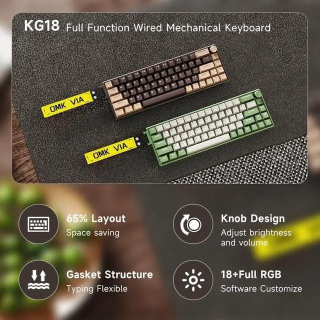 Alt view image 7 of 7 - KG18 Wired Mechanical Keyboard - Beige Green, Aluminum Alloy Base, RGB Backlight, Support Key Macro Definition QMK/VIA, hot-swappable Gasket Structure, Metal knob