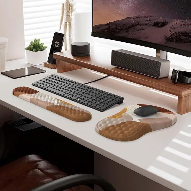 Alt view image 7 of 7 - HAOCOO Ergonomic Mouse Pad with Wrist Support and Keyboard Pad Set, 3 PCS Computer Carpal Tunnel Mouse Pads for Desk with Coaster, Memory Foam Mousepad for Home Office, Boho