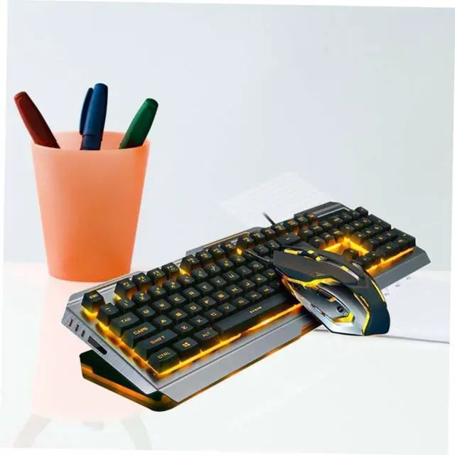 Alt view image 7 of 7 - Cool Yellow LED Backlit Mechanical Keyboard and Gamer Mouse USB Wired High-Elastic Floating Keys Metal Panel Sandblasted Finish with Multimedia Shortcut Functions for Gaming