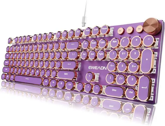 Main image of EWEADN Typewriter Style Mechanical Keyboard, Wired Typewriter Keyboards,104 Keys Backlit LED Metal Keyboards, Media Control Knob, Wired Computer Keyboard Pink Switch for Windows/Mac/PC-Purple