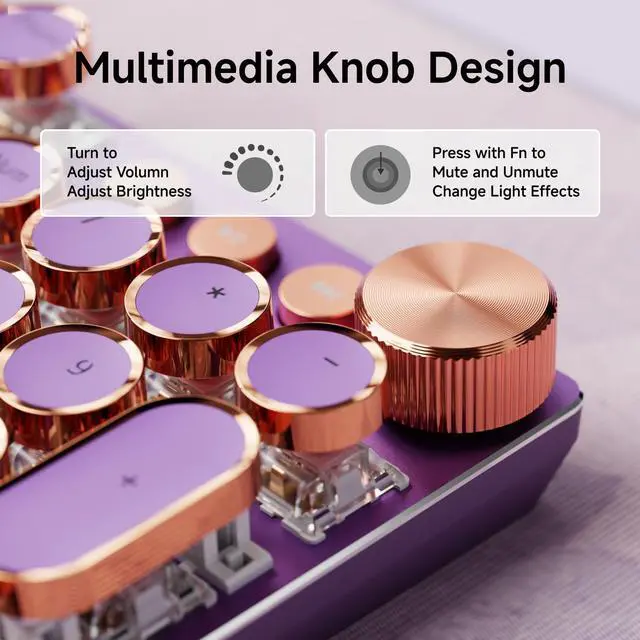 Alt view image 6 of 7 - EWEADN Typewriter Style Mechanical Keyboard, Wired Typewriter Keyboards,104 Keys Backlit LED Metal Keyboards, Media Control Knob, Wired Computer Keyboard Pink Switch for Windows/Mac/PC-Purple