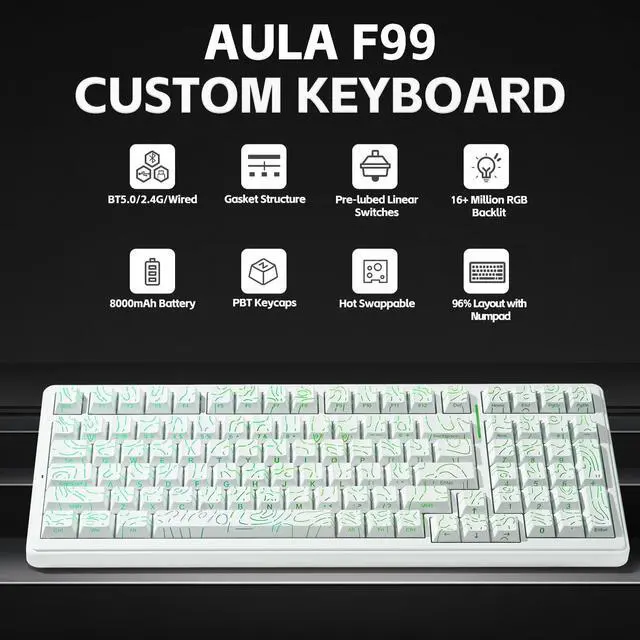 Alt view image 2 of 7 - LEOBOG x Aula F99 Keyboard, Wireless Mechanical Gaming Keyboards, Hot Swappable Custom Creamy RGB Backlit Computer Keyboard,BT5.0/2.4GHz/USB-C,Topographic Side-Printed Keycaps, Switch