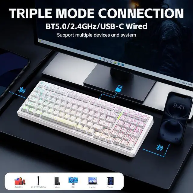 Alt view image 3 of 7 - LEOBOG x Aula F99 Keyboard, Wireless Mechanical Gaming Keyboards, Hot Swappable Custom Creamy RGB Backlit Computer Keyboard,BT5.0/2.4GHz/USB-C,Topographic Side-Printed Keycaps, Switch