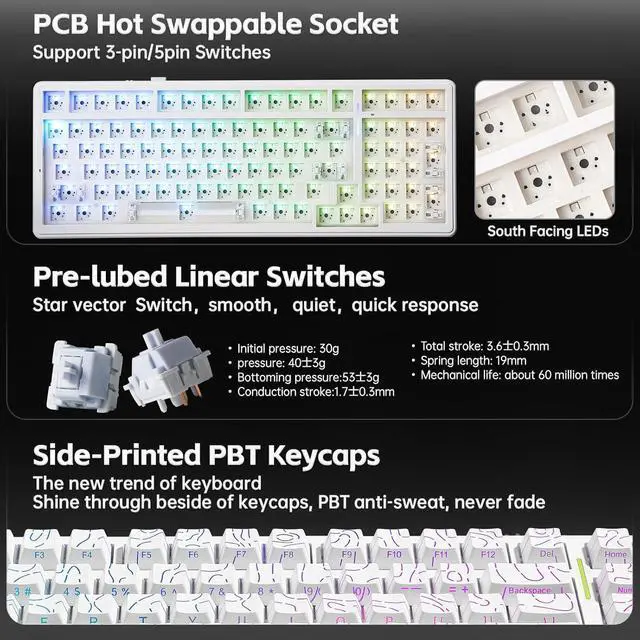 Alt view image 5 of 7 - LEOBOG x Aula F99 Keyboard, Wireless Mechanical Gaming Keyboards, Hot Swappable Custom Creamy RGB Backlit Computer Keyboard,BT5.0/2.4GHz/USB-C,Topographic Side-Printed Keycaps, Switch