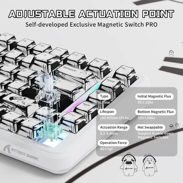 Alt view image 5 of 7 - ATTACK SHARK X82PRO HE 75% Wireless Rapid Trigger Gaming Keyboard, Hall Effect Magnetic Switch Keyboard with 0.01mm RT Adjustable Actuation, 8Khz Polling Rate, Hot-Swap, RGB, for PC Gamer (Comic)