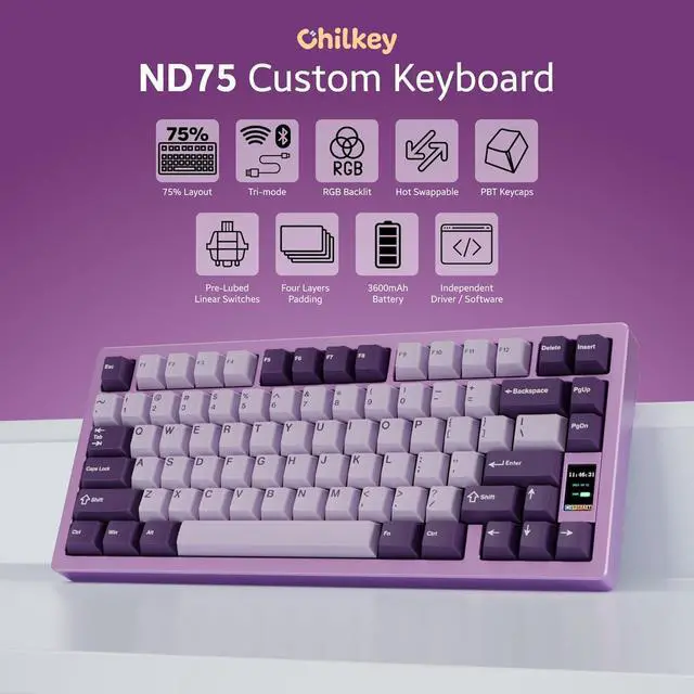 Alt view image 3 of 7 - Chilkey ND75 Aluminum Keyboard 75% Percent Wireless Gaming Mechanical Keyboard with LCD Screen, Quick Assembly, BT/2.4G/USB-C, Hot Swappable Per-Key RGB Custom Purple Key Board for Laptop Office PC