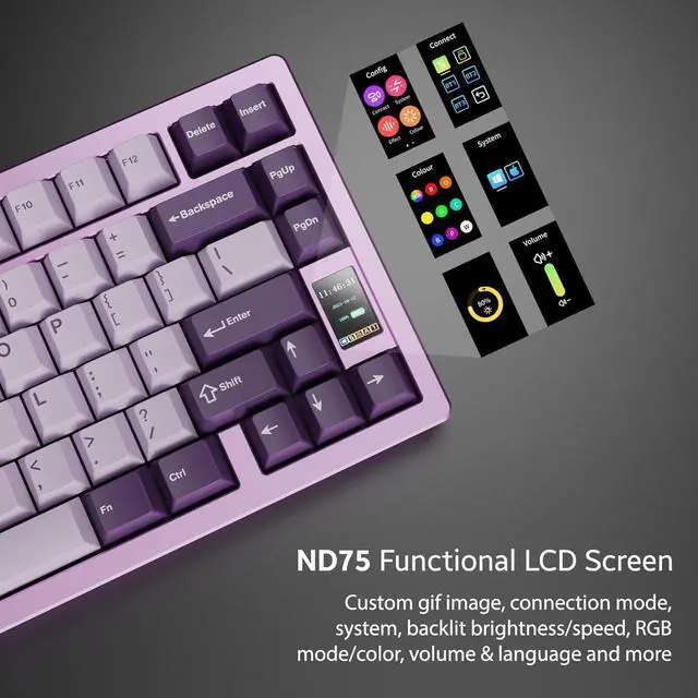 Alt view image 5 of 7 - Chilkey ND75 Aluminum Keyboard 75% Percent Wireless Gaming Mechanical Keyboard with LCD Screen, Quick Assembly, BT/2.4G/USB-C, Hot Swappable Per-Key RGB Custom Purple Key Board for Laptop Office PC