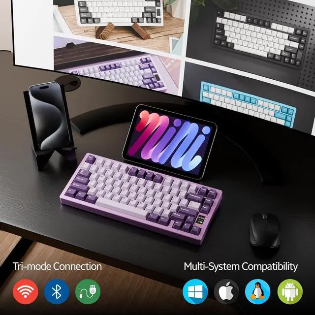 Alt view image 7 of 7 - Chilkey ND75 Aluminum Keyboard 75% Percent Wireless Gaming Mechanical Keyboard with LCD Screen, Quick Assembly, BT/2.4G/USB-C, Hot Swappable Per-Key RGB Custom Purple Key Board for Laptop Office PC