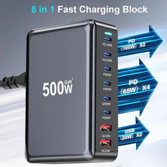 Alt view image 3 of 7 - 500W USB C Fast Charger Block, 8 Port USB Charging Station, GaN  Pro Double 100W PD PPS Port Fast Charging Station for Multiple Devices,Laptop Wall Charger Compatible with MacBook, iPhone 17,iPad etc