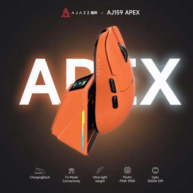 Alt view image 2 of 6 - AJAZZ AJ159 APEX Wireless Gaming Mouse 2.4G Wired BT|RGB Magnetic Screen Charging Dock|Lightweight|42K Optical Tracking|400mAh Battery |PAW3950APEX Sensor.