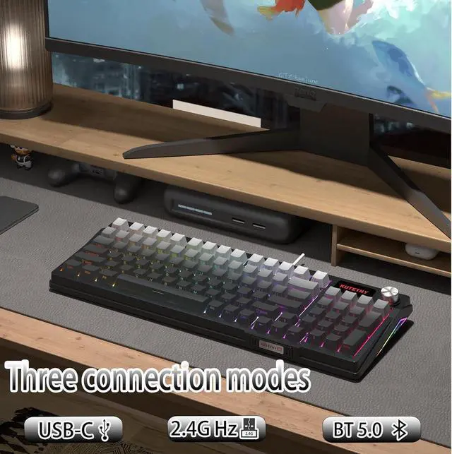 Alt view image 2 of 7 - DRAOZA Kutethy Wireless Mechanical Keyboard,Pre-lubed Switches,Gasket Structure,Tri-Mode BT/2.4GHz/USB-C Hot Swappable Keyboard,Side Printed PBT Keycaps,RGB Backlit Gaming Keyboard(Ghost+Ashen)