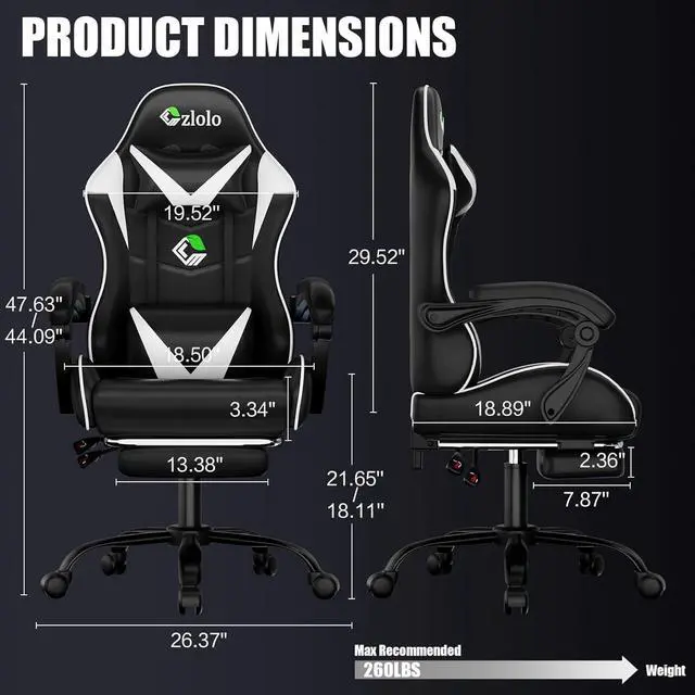 Alt view image 2 of 7 - Gaming Chair with Footrest Racing Style Lumbar Support Massager Video Game Chair with Metal Legs, High Back Reclining Gamer Chair with Headrest, 360° Swivel Office Computer Desk Chair (White)