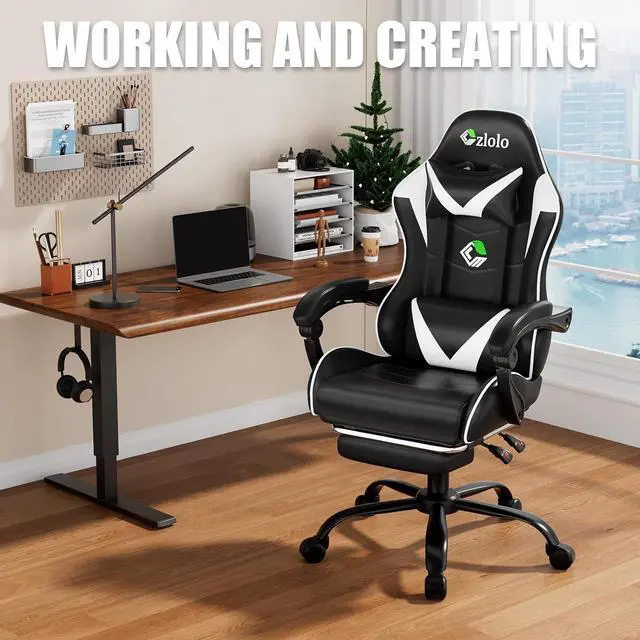 Alt view image 3 of 7 - Gaming Chair with Footrest Racing Style Lumbar Support Massager Video Game Chair with Metal Legs, High Back Reclining Gamer Chair with Headrest, 360° Swivel Office Computer Desk Chair (White)