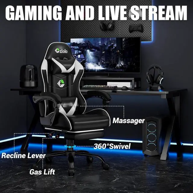 Alt view image 4 of 7 - Gaming Chair with Footrest Racing Style Lumbar Support Massager Video Game Chair with Metal Legs, High Back Reclining Gamer Chair with Headrest, 360° Swivel Office Computer Desk Chair (White)