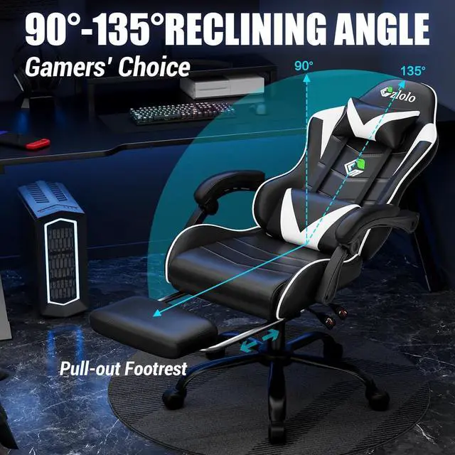 Alt view image 5 of 7 - Gaming Chair with Footrest Racing Style Lumbar Support Massager Video Game Chair with Metal Legs, High Back Reclining Gamer Chair with Headrest, 360° Swivel Office Computer Desk Chair (White)