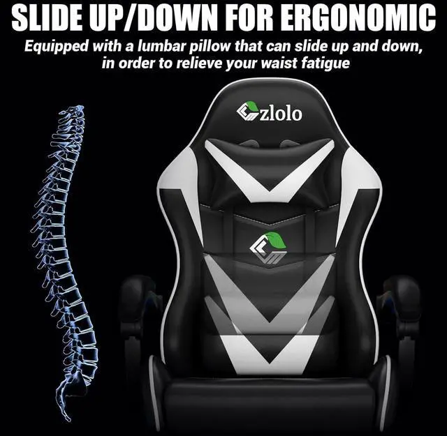 Alt view image 6 of 7 - Gaming Chair with Footrest Racing Style Lumbar Support Massager Video Game Chair with Metal Legs, High Back Reclining Gamer Chair with Headrest, 360° Swivel Office Computer Desk Chair (White)