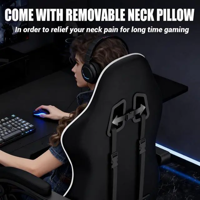 Alt view image 7 of 7 - Gaming Chair with Footrest Racing Style Lumbar Support Massager Video Game Chair with Metal Legs, High Back Reclining Gamer Chair with Headrest, 360° Swivel Office Computer Desk Chair (White)