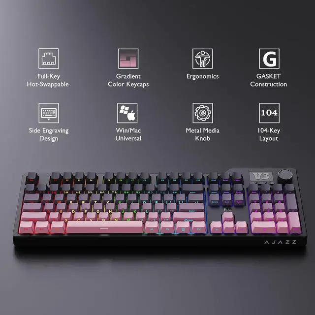 Alt view image 2 of 7 - AK35I V3 104-Key Full Size Wired Gasket Mount Gaming Keyboard with Multimedia Buttons & Knob Control | Five Layer Pad | OEM Profile PBT Keycaps | White Backlit Custom Keyboard