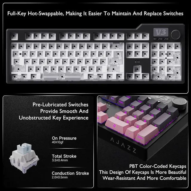 Alt view image 4 of 7 - AK35I V3 104-Key Full Size Wired Gasket Mount Gaming Keyboard with Multimedia Buttons & Knob Control | Five Layer Pad | OEM Profile PBT Keycaps | White Backlit Custom Keyboard