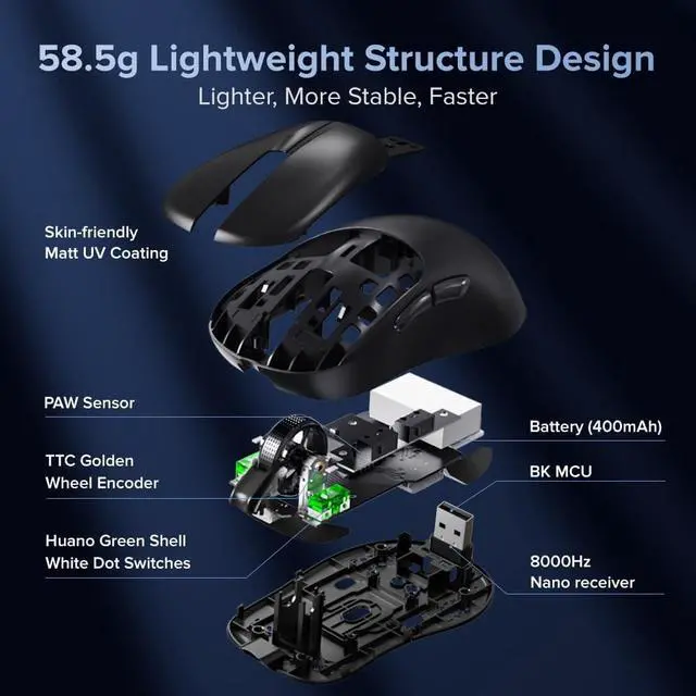 Alt view image 4 of 7 - DeLUX M500 PRO Wireless Ergonomic Gaming Mouse, 58.5g Lightweight, 8000Hz Polling Rate, RGB Charging Dock, PAW3395 with 26000DPI, Tri-Mode Connection, TTC Golden Wheel (Black)