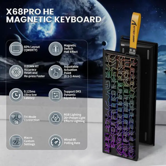 Alt view image 2 of 6 - ATTACK SHARK X68PRO HE Rapid Trigger Wireless Keyboard, 0.01mm RT Accuracy 8000Hz Wired Gaming Keyboard, Adjustable Actuation, Snap Tap, RGB Backlit, Magnetic Switch, C01 Coiled Cable -Black