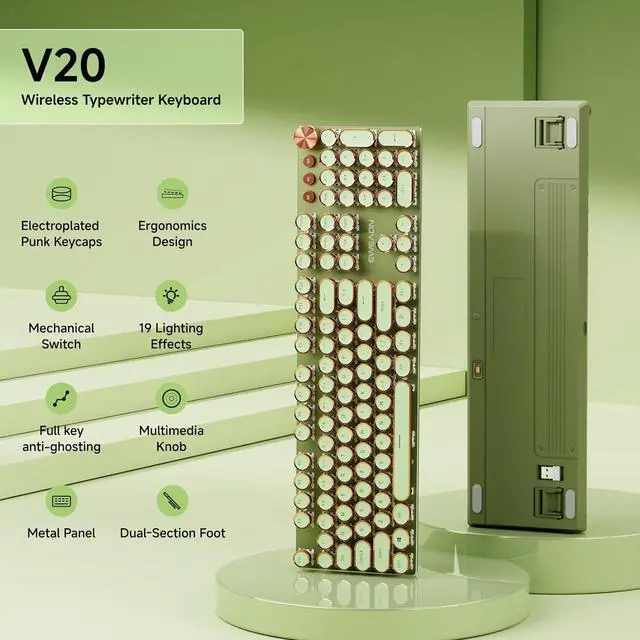 Alt view image 2 of 6 - EWEADN V20 Typewriter Keyboard Wireless, 104 Keys Typewriter Style Mechanical with White Backlit, Media Knob, Pink Switch 2.4G/Bluetooth/USB-C Wired Retro Full Size Keyboard for Windows/Mac/PC-Green