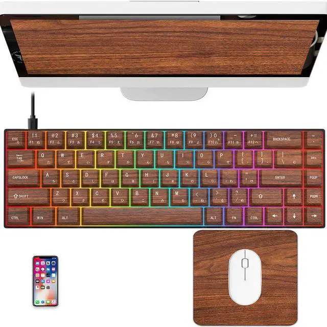 Main image of Wood Grain Japanese Keycaps 65 Percent Mechanical Gaming Keyboard RGB Gaming Keyboard with Quiet White Switch Wired Keyboard with Mouse Pad (Wood Grain Keyboard)