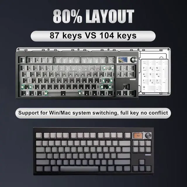 Alt view image 2 of 7 - GMK87 Keyboard Barebones Kit,Gasket Mount Hot Swap PCB Triple Mode BT5.0/2.4G/Type-C Wireless Mechanical Keyboard with Knob VIA-Programmable Custom TFT-Screen RGB DIY Kit(Black)