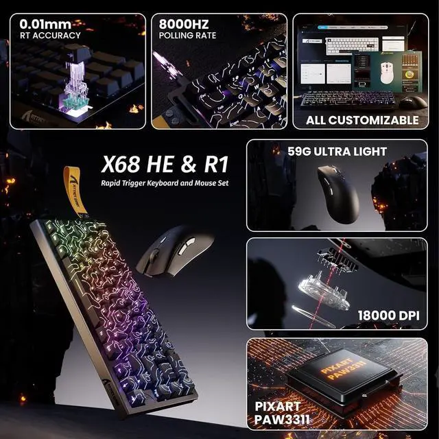Alt view image 2 of 7 - Attack Shark X68 HE Gaming Keyboard & R1 Mouse Combo,8KHz Magnetic Switch Keyboard, 16.8M RGB, Custom Actuation, 55g Ultra-Light Mouse with 18,000 DPI & Tri-Mode Connectivity for Esport Gamer-Black