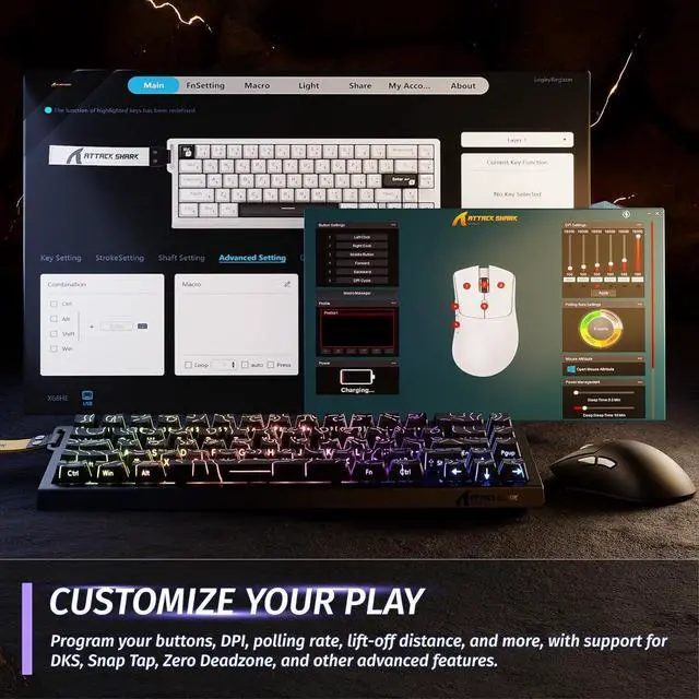 Alt view image 6 of 7 - Attack Shark X68 HE Gaming Keyboard & R1 Mouse Combo,8KHz Magnetic Switch Keyboard, 16.8M RGB, Custom Actuation, 55g Ultra-Light Mouse with 18,000 DPI & Tri-Mode Connectivity for Esport Gamer-Black