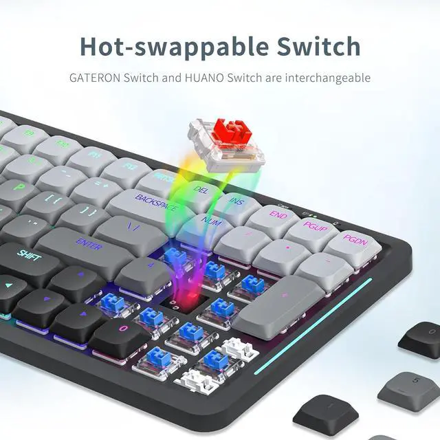 Alt view image 4 of 7 - Newmen SK01 Low Profile Mechanical Keyboard,100 Keys Compact Layout Hot-swappable RGB Backlit Gaming Keyboard,Bluetooth/2.4G/USB Wireless Mechanical Keyboards Metal panels for Window Laptop Red Switch