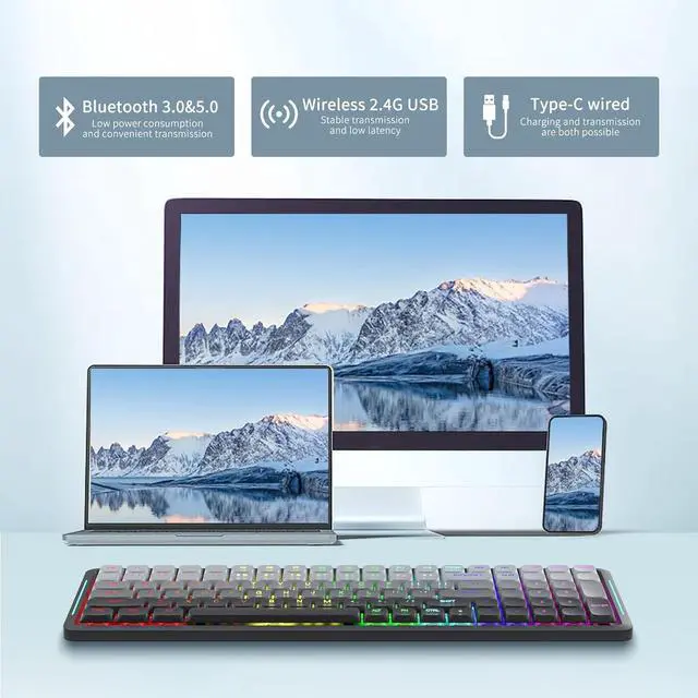 Alt view image 5 of 7 - Newmen SK01 Low Profile Mechanical Keyboard,100 Keys Compact Layout Hot-swappable RGB Backlit Gaming Keyboard,Bluetooth/2.4G/USB Wireless Mechanical Keyboards Metal panels for Window Laptop Red Switch