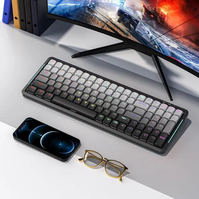 Alt view image 7 of 7 - Newmen SK01 Low Profile Mechanical Keyboard,100 Keys Compact Layout Hot-swappable RGB Backlit Gaming Keyboard,Bluetooth/2.4G/USB Wireless Mechanical Keyboards Metal panels for Window Laptop Red Switch